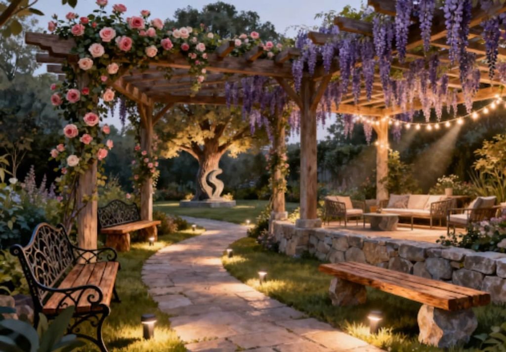 Un chemin de jardin sinueux éclairé par des lampes au sol, menant à une pergola couverte de plantes et de lumières.