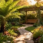 Un chemin de dalles de pierre mène à une pergola dans un jardin luxuriant, avec des plantes de fougère et des fleurs colorées.