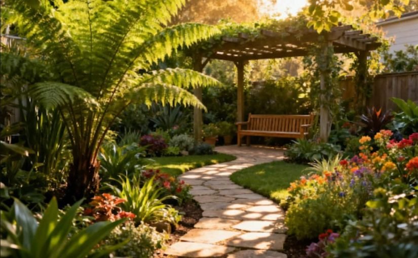 Un chemin de dalles de pierre mène à une pergola dans un jardin luxuriant, avec des plantes de fougère et des fleurs colorées.