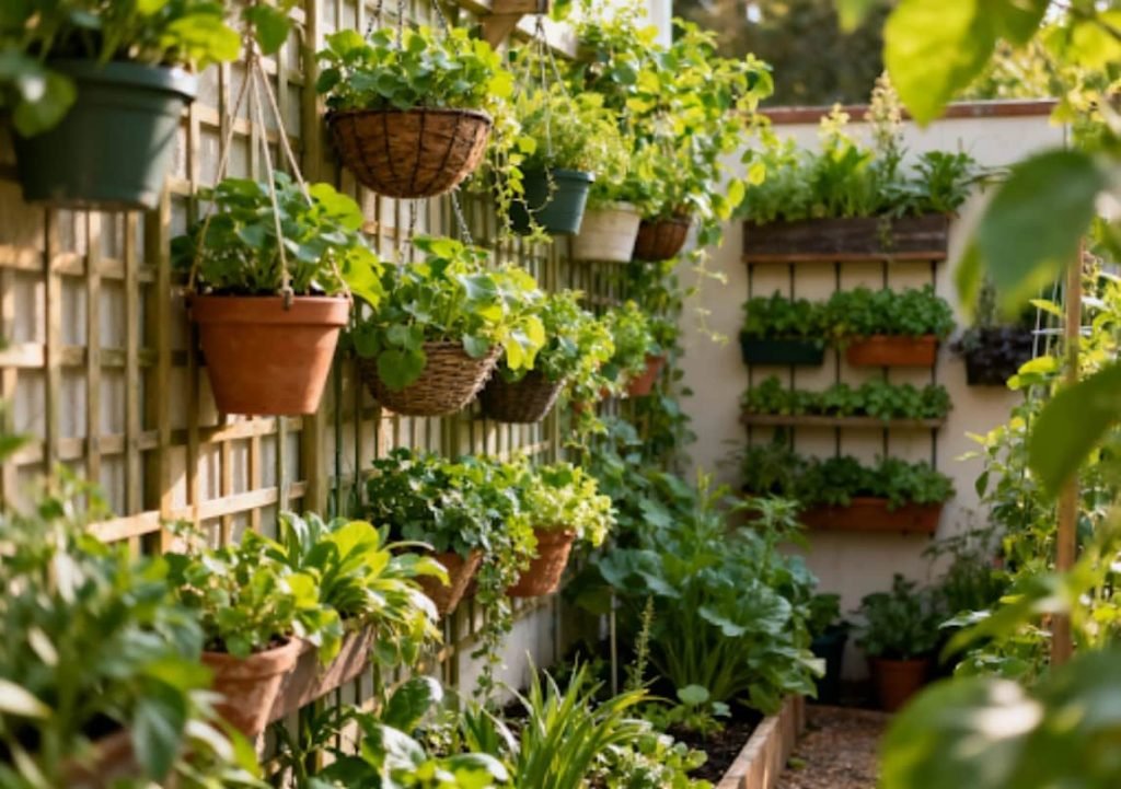 Un jardin vertical bien aménagé avec des pots de plantes suspendus et des jardinières murales.