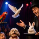 Magicien entouré d'un lapin, d'une colombe, d'un perroquet et d'un chien captivant les enfants lors d'un spectacle de magie