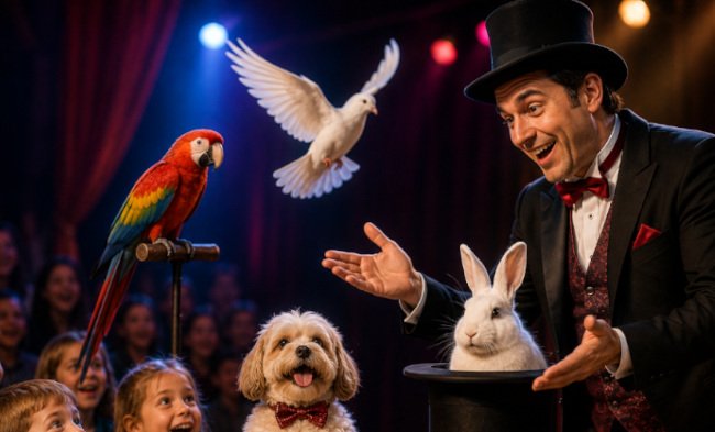 Magicien entouré d'un lapin, d'une colombe, d'un perroquet et d'un chien captivant les enfants lors d'un spectacle de magie